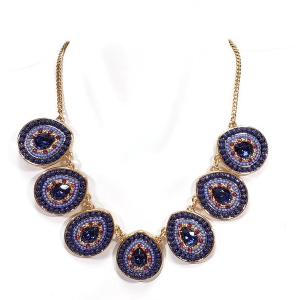 Rose Gold Tone Blue Beaded Statement Necklace 16"